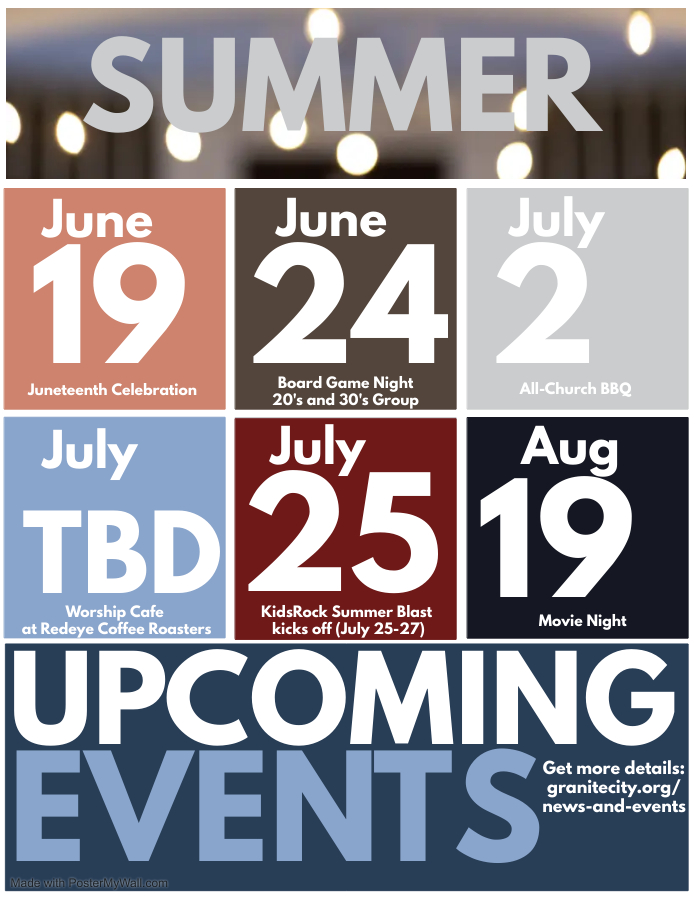 Calendar showing summer events and programs at Granite City Church in Quincy, MA